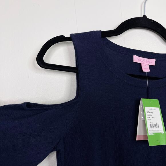New Lilly Pulitzer Lyon Cold Shoulder Sweater Small True Navy Blue Cotton Modal - Picture 7 of 11